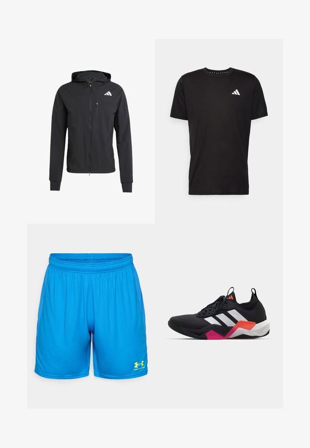 Casaco com capuz preto, com fecho éclair, feito de um tecido suave e leve. Possui um bolso no peito com fecho éclair e detalhe do logo no lado superior esquerdo.; T-shirt de algodão preto com mangas curtas, decote redondo e um logo branco no lado esquerdo do peito. Textura suave e design simples.; Calções atléticos azuis feitos de material leve, com um cós elástico e painéis laterais em malha. Logótipo da Under Armour em amarelo em destaque.; Sapatilha atlética preta com riscas brancas, parte superior texturizada e sola robusta com detalhes em laranja, rosa e branco. Design com atacadores e alça de puxar.