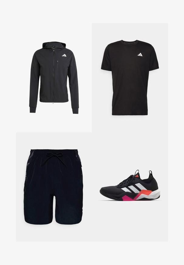 Schwarze Zip-Hoodie-Jacke aus weichem, leichtem Stoff. Verfügt über eine mit Reißverschluss verschlossene Brusttasche und ein Logodetail auf der oberen linken Seite.; Schwarzes Baumwoll-T-Shirt mit kurzen Ärmeln, Rundhalsausschnitt und einem weißen Logo auf der linken Brust. Glatte Textur und einfaches Design.; adidas Performance Kurze Sporthose - black/white; Schwarzer Sportschuh mit weißen Streifen, strukturierter Oberseite und einer klobigen Sohle, die orangefarbene, rosa und weiße Akzente aufweist. Geflochtenes Design mit Zugschlaufe.