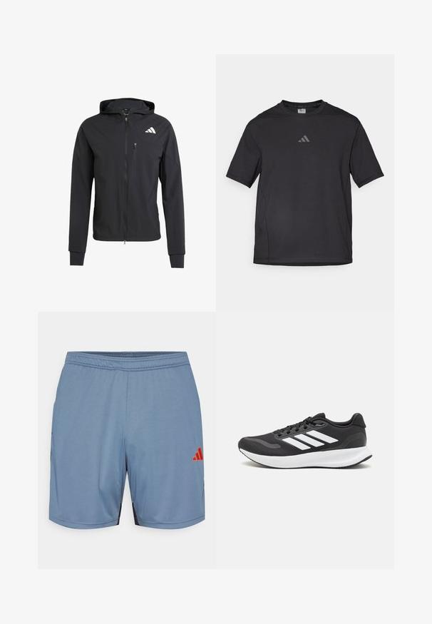 Musta vetoketjullinen huppari, joka on valmistettu pehmeästä ja kevyestä kankaasta. Siinä on vetoketjullinen rintatasku ja logotunnus vasemmalla ylhäällä.; Musta urheilupaita, joka on valmistettu hengittävästä materiaalista, jossa on lyhyet hihat, pyöreä kaula-aukko ja heijastava logo rinnassa.; Vaaleansiniset urheilushortsit, joissa mustat sivupainatukset, joustava vyötärö ja oranssi Adidas-logo. Valmistettu sileästä ja kevyestä kankaasta.; Mustat urheilukengät hengittävällä verkkosella yläosalla, valkoisilla yksityiskohdilla ja pehmustetulla pohjalla. Sivussa on kolme raitaa -logo.
