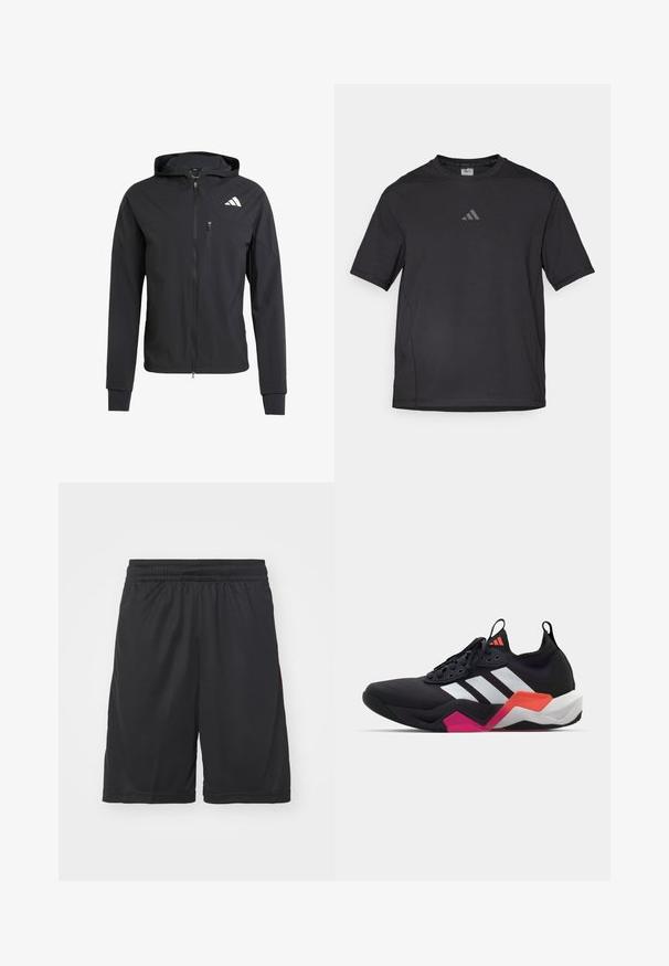 Svart zip-up huvtröja gjord av mjukt, lättviktigt tyg. Har en dragkedjeförsedd bröstficka och logotypdetalj på övre vänstra sidan.; Svart atletisk t-shirt tillverkad av ett ventilerande material, med korta ärmar, rund hals och en reflexlogotyp på bröstet.; adidas Performance 3 STRIPES SHORT - Träningsshorts - black/better scarlet; Svart träningsskor med vita ränder, texturerad överdel och en kraftig sula med orange, rosa och vita accenter. Snörningsdesign med dragflik.