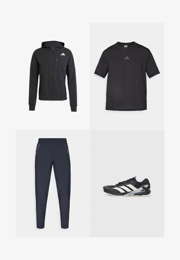 Schwarze Zip-Hoodie-Jacke aus weichem, leichtem Stoff. Verfügt über eine mit Reißverschluss verschlossene Brusttasche und ein Logodetail auf der oberen linken Seite.; Schwarzes Sport-T-Shirt aus atmungsaktivem Material, mit kurzen Ärmeln, rundem Ausschnitt und einem reflexiven Logo auf der Brust.; Navy Sporthosen aus leichtem Stoff, mit zwei seitlichen Reißverschlusstaschen, einem elastischen Bund und schmal zulaufenden Beinen für eine schlanke Passform.; Schwarzer Sportschuh mit weißen Streifen, Obermaterial aus Mesh, runde Zehenform und gepolstertem Sohlenteil. Verfügt über eine strukturierte Ferse und ein sicheres Schnürsystem.