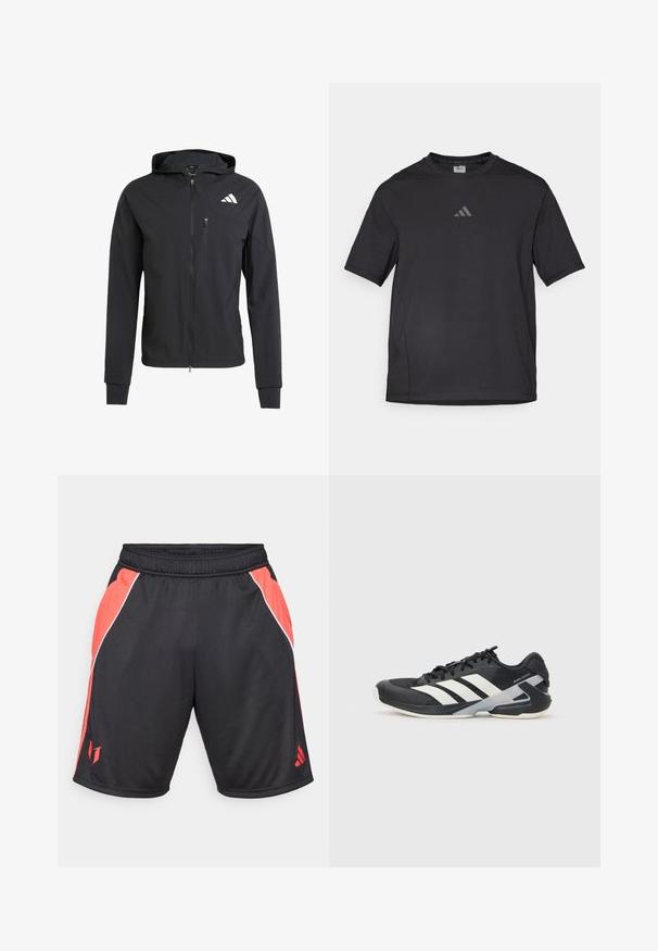 Fekete zipzáras kapucnis dzseki puha, könnyű anyagból. Zsebes mellzsebbel és logó részlettel a bal felső oldalon.; Fekete sport póló lélegző anyagból, rövid ujjú, kerek nyakkal és fényvisszaverő logóval a mellkasán.; Fekete sportnadrág piros oldalsávokkal, fehér díszvarrással, rugalmas derékpánttal és logóval a bal alsó lábszáron.; Fekete sportcipő fehér csíkokkal, hálós felsőrész, kerek orr és párnázott talp. Texturált sarokkal és biztonságos fűzőrendszerrel rendelkezik.