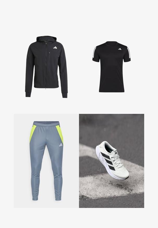Sort zip-up hættetrøje lavet af blødt, letvægtsstof. Har en lynlåslomme på brystet og logo-detalje på øverste venstre side.; Kortærmet sort træningsskjorte lavet af glat stof, med hvide accentstriber på skuldrene og et lille logo på brystet.; Grå træningsbukser med neongule sidepaneler, elastisk talje, tætsiddende ben og et reflekterende logo på fronten.; Hvid atletisk sko med tekstureret netoverdel, sorte striber, snørebåndslukning og en polstret sål, som svæver over en markeret vejoverflade.
