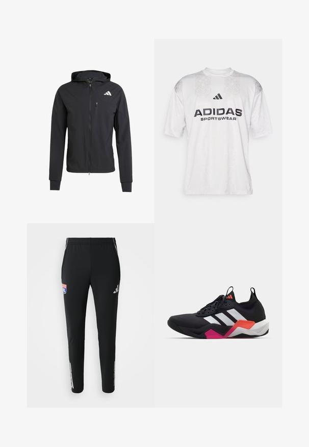 Casaco com capuz preto, com fecho éclair, feito de um tecido suave e leve. Possui um bolso no peito com fecho éclair e detalhe do logo no lado superior esquerdo.; adidas Sportswear TIRO TEE - T-shirt estampada - grey one/black; Calças de desporto pretas com um corte ajustado. Apresentam o logo cinza da Adidas nas laterais e um emblema colorido da equipa na parte da frente. Feitas de um tecido liso e elástico.; Sapatilha atlética preta com riscas brancas, parte superior texturizada e sola robusta com detalhes em laranja, rosa e branco. Design com atacadores e alça de puxar.
