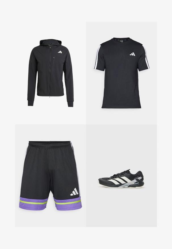 Juodas užtrauktuku užsegamas džemperis su gobtuvu, pagamintas iš minkštos, lengvos medžiagos. Turi užtrauktuką krūtinės kišenėje ir logotipą viršutiniame kairiajame kampe.; Juodas medvilninis marškinėlis trumpomis rankovėmis, su baltais dryžiais ant pečių ir baltu logo kairiajame krūtinėje.; Juodos sportinės šortai su violetiniu ir žaliu ruožu apatine dalimi, su elastingu juosmeniu ir baltu Adidas logotipu.; Juoda sportinė avalynė su baltais dryžiais, tinklinis viršus, apvalus pirštas ir paminkštinta padais. Yra tekstūruota kulno dalis ir saugi raištelių sistema.