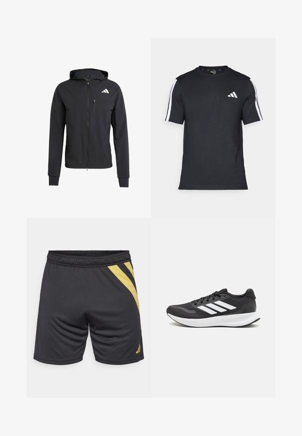 Mustmust mustrip ja pehmeast, kerge kangast. Varustatud lukuga rinna tasku ja logoga detail vasakul ülal.; Mustvalge T-särk puuvillast, lühikeste varrukatega, millel on valged triibud õlgadel ja valge logo vasakul rinnal.; Mustad mustad lühikesed püksid, millel on kollane diagonaalne triip, elastne vöökoht ja sile tekstuur, sobivad spordiks ja treeninguks.; Mustmust valmistatud õhulise võrgu ülemise osa, valgete aktsentidega ja pehme tallaga must sportlik king. Küljel on kolm triipu kujutav logo.