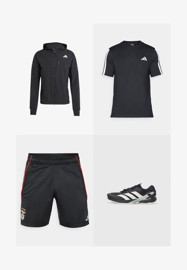 Jachetă neagră cu fermoar, cu glugă, realizată dintr-un material moale și ușor. Prezintă un buzunar pe piept cu fermoar și detalii cu logo în partea stângă sus.; Tricou negru din bumbac, cu mâneci scurte, având dungi albe pe umeri și un logo alb pe pieptul stâng.; Șorturi atletice negre cu dungi roșii pe laterale, cu talie elastică, având un logo al echipei și trei stele aurii. Fabricate dintr-un material neted și respirabil.; Pantofii sport negri cu dungi albe, superior din plasă, vârf rotunjit și talpă îmbunătățită pentru amortizare. Au o călcătură texturată și un sistem de șireturi securizat.
