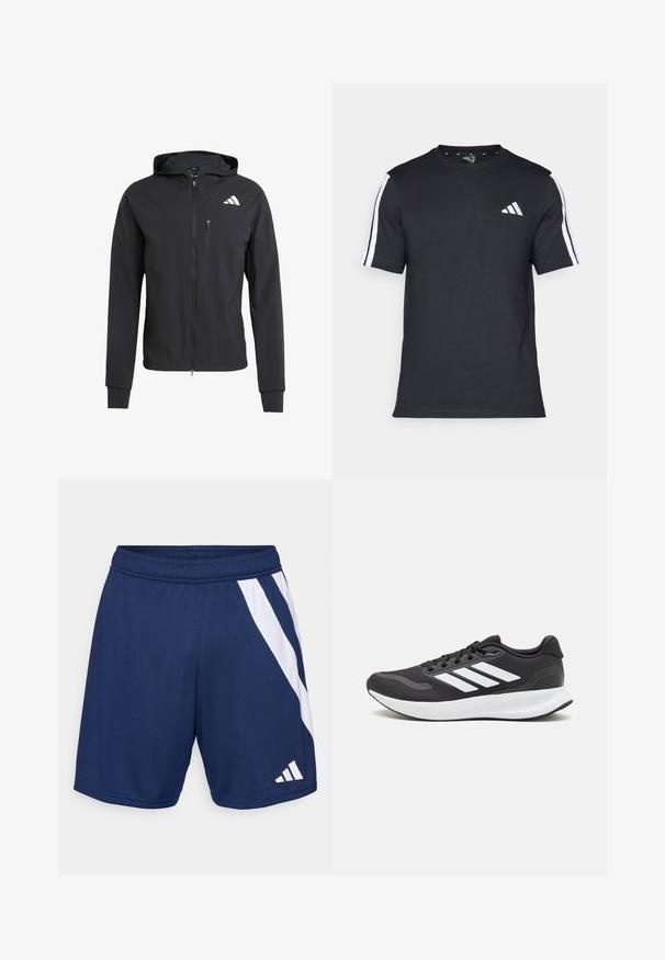 Jachetă neagră cu fermoar, cu glugă, realizată dintr-un material moale și ușor. Prezintă un buzunar pe piept cu fermoar și detalii cu logo în partea stângă sus.; Tricou negru din bumbac, cu mâneci scurte, având dungi albe pe umeri și un logo alb pe pieptul stâng.; Șorturi atletice de culoare albastru marin, cu un design în dungi diagonale albe. Fabricate dintr-un material ușor, dotate cu un talie elastică și detalii cu logo.; Pantof cu aspect sport de culoare neagră, cu un upper din plasă respirabilă, accente albe și o talpă amortizată. Include logo-ul cu trei dungi pe lateral.