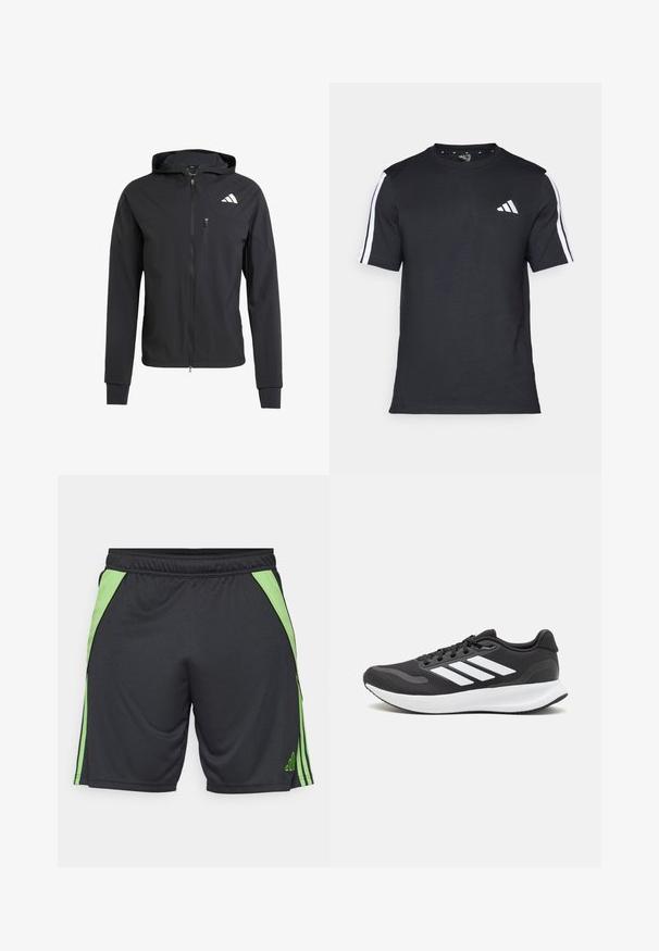 Black zip-up hooded jacket made of soft, lightweight fabric. Features a zippered chest pocket and logo detail on the upper left side.; Black T-shirt made of cotton with short sleeves, featuring white stripes on the shoulders and a white logo on the left chest.; Black athletic shorts with green side accents and stripes. Made of lightweight material, featuring an elastic waistband for comfort.; Black athletic shoe with breathable mesh upper, white accents, and a cushioned sole. Features three stripes logo on the side.