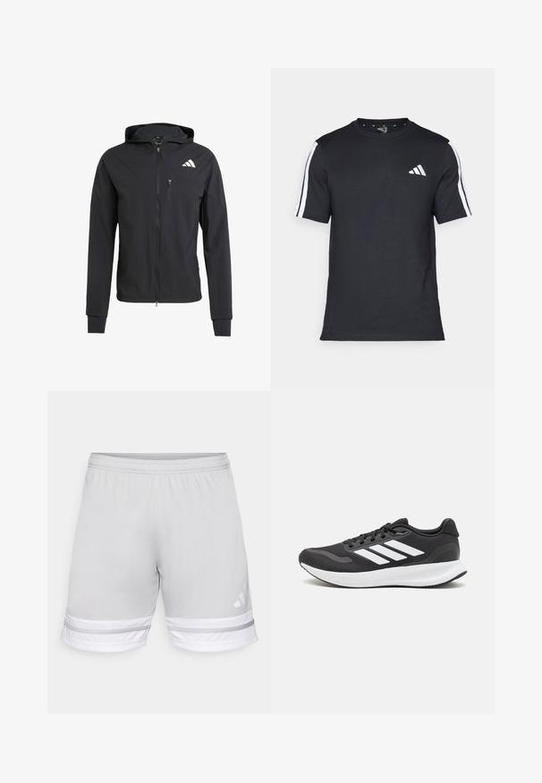 Veste à capuche zippée noire en tissu doux et léger. Elle présente une poche poitrine zippée et un détail de logo sur le côté supérieur gauche.; T-shirt noir en coton à manches courtes, arborant des rayures blanches sur les épaules et un logo blanc sur la poitrine gauche.; Shorts de sport gris clair avec une taille élastique, présentant des accents rayés blancs et gris au bas et un logo Adidas.; Baskets de sport noires avec tige en mesh respirant, accents blancs et semelle rembourrée. Présente le logo à trois bandes sur le côté.