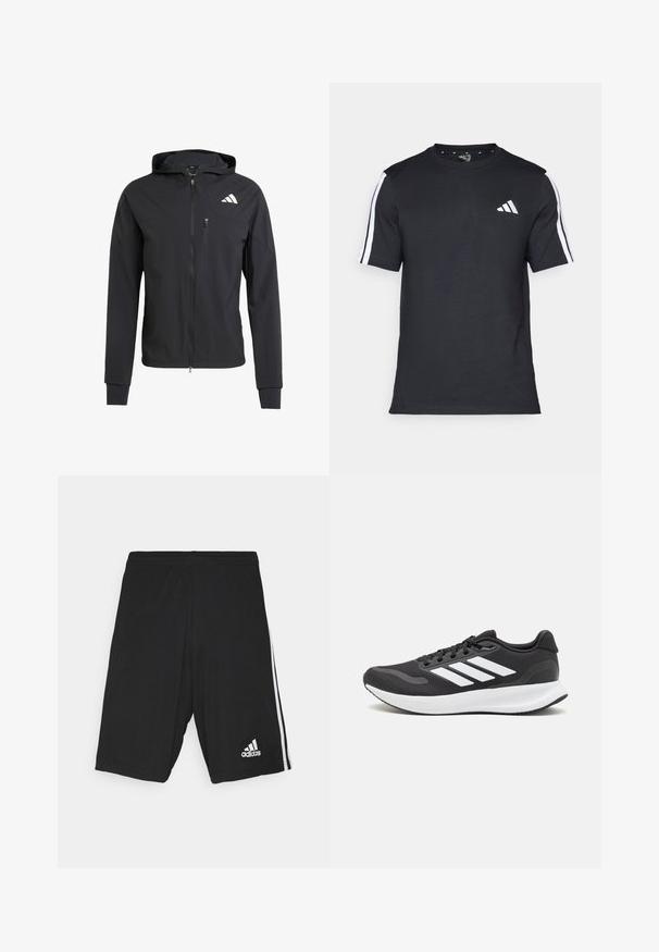 Črna zip-up kapuca iz mehkega, lahkotnega materiala. Ima žep na prsih z zadrgo in detajl logotipa na zgornji levi strani.; Črna majica z kratkimi rokavi iz bombaža, z belimi črtami na ramenih in belim logotipom na levem prsnem delu.; Črne športne kratke hlače z gladko teksturo, opremljene z belimi stranskimi črtami in belim logotipom spodaj desno. Prilagodljiv pas.; Črne športne čevlje z zračnim mrežastim zgornjim delom, belimi akcenti in oblazinjeno podplatom. Imajo tri črte logo na strani.