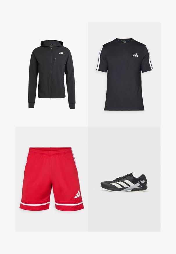 Črna zip-up kapuca iz mehkega, lahkotnega materiala. Ima žep na prsih z zadrgo in detajl logotipa na zgornji levi strani.; Črna majica z kratkimi rokavi iz bombaža, z belimi črtami na ramenih in belim logotipom na levem prsnem delu.; Rdeče športne kratke hlače iz lahkega materiala, z belimi vodoravnimi črtami na robu in belim logotipom na levi nogi.; Črne atletske čevlje z belimi črtami, mrežastim zgornjim delom, zaobljenim nosom in blaženim podplatom. Imajo teksturiran petni del in varen sistem vezalk.