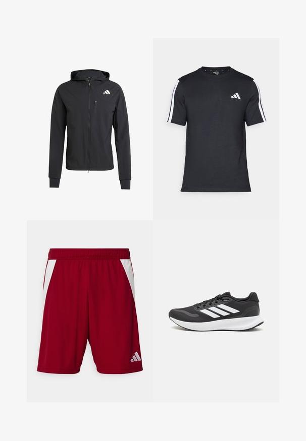 Black zip-up hooded jacket made of soft, lightweight fabric. Features a zippered chest pocket and logo detail on the upper left side.; Black T-shirt made of cotton with short sleeves, featuring white stripes on the shoulders and a white logo on the left chest.; Red athletic shorts with a smooth texture, white side accents, an elastic waistband, and a reflective brand logo on the lower right.; Black athletic shoe with breathable mesh upper, white accents, and a cushioned sole. Features three stripes logo on the side.