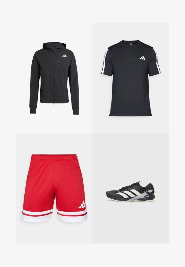 Zwarte ritssluiting capuchonjack van zacht, lichtgewicht materiaal. Heeft een ritszak op de borst en een logo-detail aan de bovenste linkerkant.; Zwarte T-shirt van katoen met korte mouwen, met witte strepen op de schouders en een wit logo op de linkerkant van de borst.; Rode sportshorts gemaakt van glad materiaal, met een witte accentstreep aan de onderkant en drie witte strepen langs de zijkanten.; Zwarte sportschoen met witte strepen, bovenwerk van mesh, ronde neus en geveerde zool. Heeft een getextureerde hak en een veilig vetersysteem.