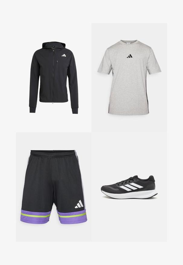 Černá zipová mikina s kapucí vyrobená z měkké, lehké látky. Obsahuje zipovou kapsu na prsou a detail loga na horní levé straně.; Šedé tričko s krátkým rukávem vyrobené z bavlny, se černým logem Adidas na hrudi a černými bočními akcenty. Design s kulatým výstřihem.; Černé sportovní kraťasy se fialovým a zeleným pruhováním na dolním lemu, s elastickým pasem a bílým logem Adidas.; Černá sportovní obuv s prodyšným síťovaným svrškem, bílými akcenty a polstrovanou podrážkou. Na boku se nachází logo se třemi pruhy.