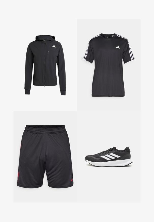 Mustmust mustrip ja pehmeast, kerge kangast. Varustatud lukuga rinna tasku ja logoga detail vasakul ülal.; Mustaline lühikeste varrukatega t-särk musta värviga, millel on valge kolme triibu disain õlgadel ja logo rinnal. Valmistatud hingavast kangast, sile tekstuur.; Mustad mustad riided, millel on elastne vöökoht, punase logoga küljes ja sile, kerge kangas. Taskud pole nähtavad.; Mustmust valmistatud õhulise võrgu ülemise osa, valgete aktsentidega ja pehme tallaga must sportlik king. Küljel on kolm triipu kujutav logo.