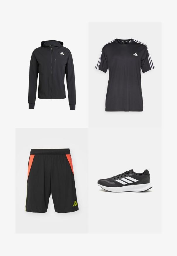 Musta vetoketjullinen huppari, joka on valmistettu pehmeästä ja kevyestä kankaasta. Siinä on vetoketjullinen rintatasku ja logotunnus vasemmalla ylhäällä.; Mustavalkoinen, lyhythihainen t-paita, jossa on valkoinen kolmiraidallinen design hartioilla ja logo rinnassa. Valmistettu hengittävästä kankaasta, jonka pinta on sileä.; Mustat polyesteriset urheilushortsit, joissa on oranssit ja limenvihreät sivupaneelit, elastinen vyötärö ja vihreä logo helman lähellä.; Mustat urheilukengät hengittävällä verkkosella yläosalla, valkoisilla yksityiskohdilla ja pehmustetulla pohjalla. Sivussa on kolme raitaa -logo.
