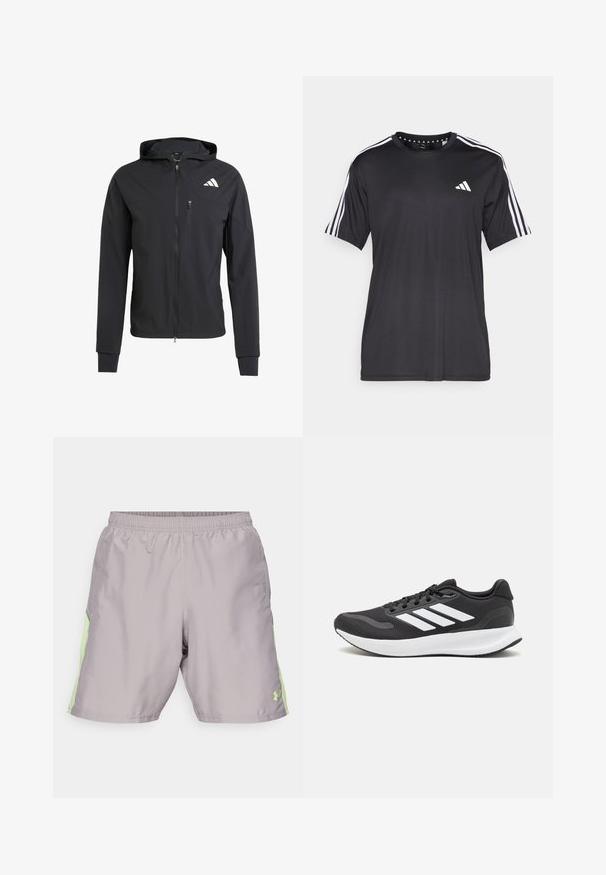 Crna zip-jakna s kapuljačom izrađena od mekog, laganog materijala. Ima ziper džep na grudima i detalj s logotipom na gornjoj lijevoj strani.; Crna majica kratkih rukava s bijelim trostrukim dizajnom na ramenima i logotipom na prsima. Izrađena od prozračnog materijala, glatke teksture.; Svijetlosive atletske šorc hlače s elastičnom stražnjom trakom, koje imaju svijetlozelene bočne naglaske i mali logo na donjem desnom dijelu noge.; Crne atletske tenisice s prozračnom mrežicom na gornjem dijelu, bijelim akcentima i mekanim potplatom. Imaju logo s tri pruge sa strane.