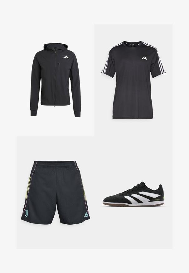 Čierna zipsová bunda s kapucňou vyrobená z mäkkej, ľahkej tkaniny. Má zipsovú náprsné vrecko a logo umiestnené v hornej ľavej časti.; Čierne tričko s krátkym rukávom s bielym trojprúžkom na pleciach a logom na hrudi. Vyrobené z priedušného materiálu, hladká textura.; Čierne športové šortky s elastickým pásom, s neónovými žltými bočnými pruhmi a petrolejovým logom, hladký povrch a štandardný strih.; adidas Performance PREDATOR CLUB INDOOR SALA FOOTBALL BOOTS - Halové kopačky - core black/footwear white/lucid lemon