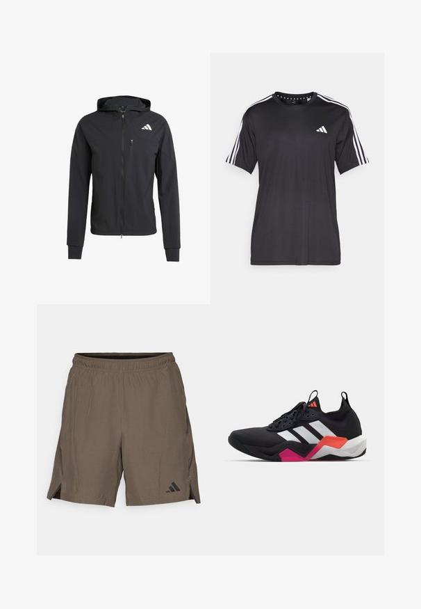 Mustmust mustrip ja pehmeast, kerge kangast. Varustatud lukuga rinna tasku ja logoga detail vasakul ülal.; Mustaline lühikeste varrukatega t-särk musta värviga, millel on valge kolme triibu disain õlgadel ja logo rinnal. Valmistatud hingavast kangast, sile tekstuur.; adidas Performance Spordišortsid - shadow olive; Mustaline spordijalats valgete triipudega, tekstureeritud ülemise osaga ja pehme tallaga, millel on oranžid, roosad ja valged aktsendid. Sidumisdisain koos tõmblukuga.