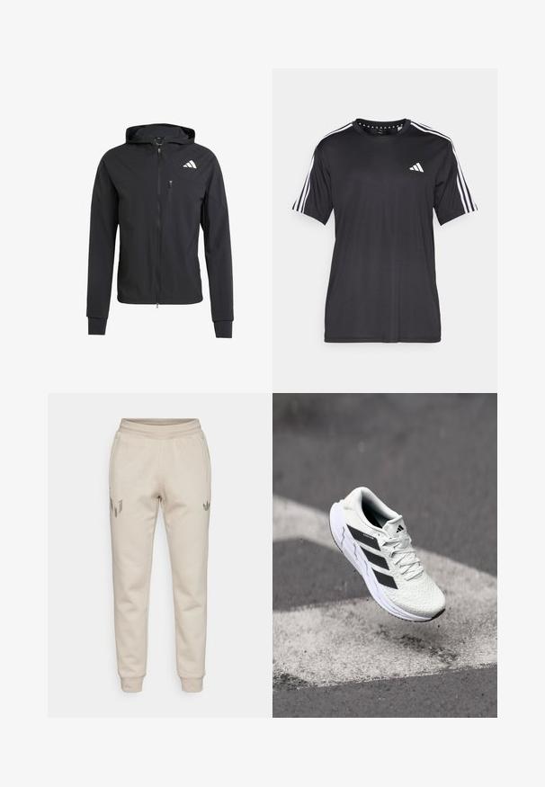 Sort zip-up hættetrøje lavet af blødt, letvægtsstof. Har en lynlåslomme på brystet og logo-detalje på øverste venstre side.; Sort kortærmet t-shirt med hvidt tre-stribedesign på skuldrene og logo på brystet. Lavet af åndbart stof med en glat tekstur.; Beige sweatpants med en tekstureret overflade. Har en elastisk talje og tapered ben. Bemærkelsesværdige logoer på venstre lår og højre lomme.; Hvid atletisk sko med tekstureret netoverdel, sorte striber, snørebåndslukning og en polstret sål, som svæver over en markeret vejoverflade.