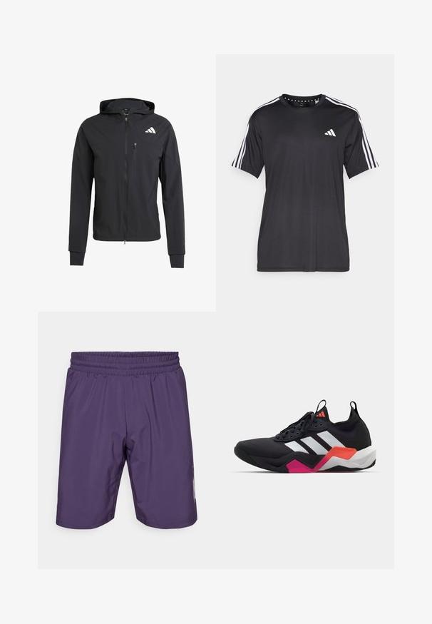 Casaco com capuz preto, com fecho éclair, feito de um tecido suave e leve. Possui um bolso no peito com fecho éclair e detalhe do logo no lado superior esquerdo.; T-shirt preta de mangas curtas com um design de três riscas brancas nos ombros e logótipo no peito. Feita de um tecido respirável, de textura suave.; Calções atléticos roxos com um cós elástico, textura suave e detalhes laterais. Apresentam um comprimento até à metade da coxa e um design simples.; Sapatilha atlética preta com riscas brancas, parte superior texturizada e sola robusta com detalhes em laranja, rosa e branco. Design com atacadores e alça de puxar.