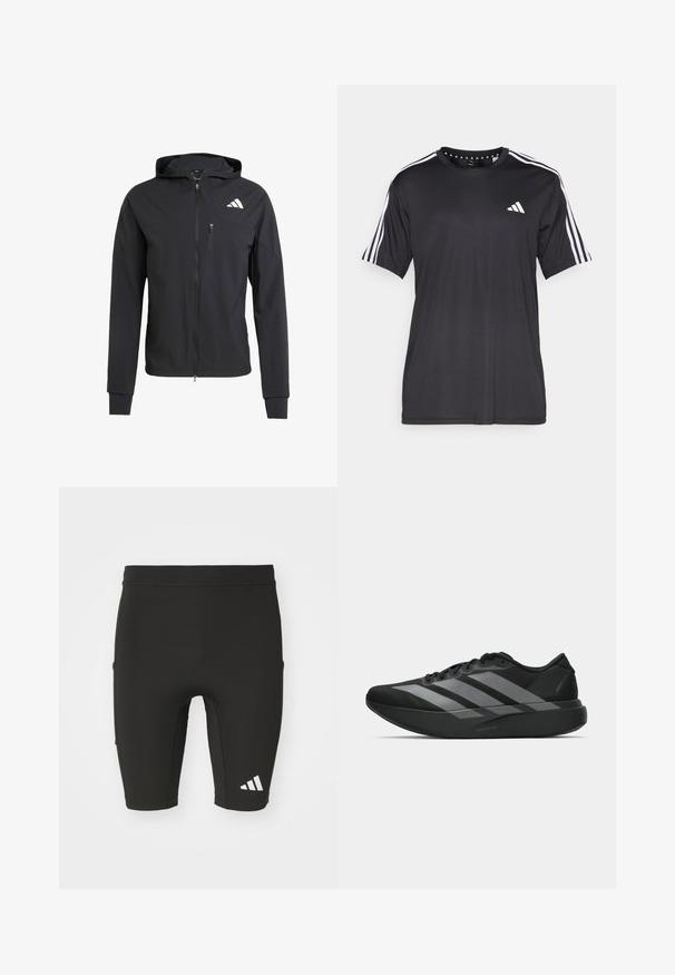 Black zip-up hooded jacket made of soft, lightweight fabric. Features a zippered chest pocket and logo detail on the upper left side.; Black short-sleeve t-shirt with white three-stripe design on shoulders and logo on the chest. Made from breathable fabric, smooth texture.; Black athletic shorts with a fitted design, made from stretch fabric. Features three pockets and a white Adidas logo on the lower leg.; Black athletic shoes with a lightweight design, featuring three prominent gray stripes, a smooth texture, and a contoured sole.