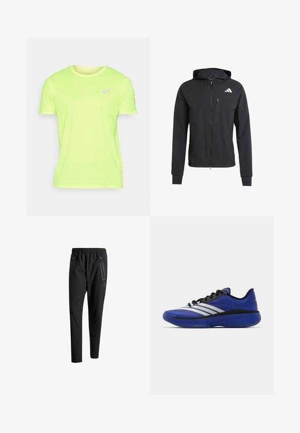 Chaqueta con capucha de color negro y cremallera, hecha de un tejido suave y ligero. Presenta un bolsillo en el pecho con cremallera y un detalle del logo en el lado superior izquierdo.; ASICS CORE TOP - Camiseta deportiva - safety yellow; Pantalones deportivos negros con una cintura elástica, dos bolsillos laterales con cremallera, piernas ajustadas y un discreto detalle de logo en la cadera.; adidas Performance ADIZERO SELECT 3.0 - Zapatillas de baloncesto - lucid blue/core black/metallic