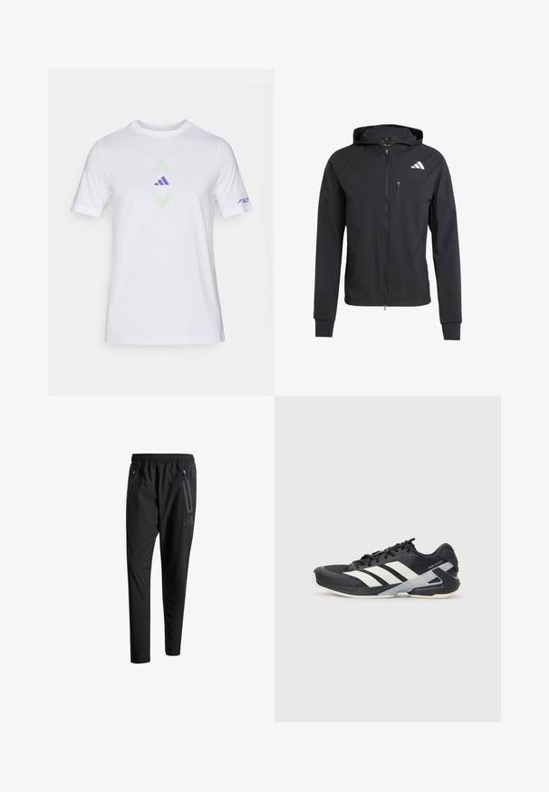 Zwarte ritssluiting capuchonjack van zacht, lichtgewicht materiaal. Heeft een ritszak op de borst en een logo-detail aan de bovenste linkerkant.; Witte katoenen t-shirt met korte mouwen. Bevat een groen en lavendel grafisch ontwerp in het midden, inclusief een paars logo en "F50" tekst op de mouw.; Zwarte sportbroeken met een elastische tailleband, twee ritszakken aan de zijkant, taps toelopende pijpen en een subtiele logo-detail op de heup.; Zwarte sportschoen met witte strepen, bovenwerk van mesh, ronde neus en geveerde zool. Heeft een getextureerde hak en een veilig vetersysteem.