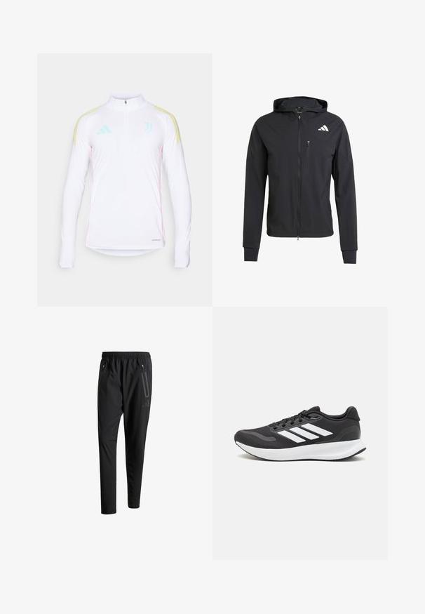 Casaco com capuz preto, com fecho éclair, feito de um tecido suave e leve. Possui um bolso no peito com fecho éclair e detalhe do logo no lado superior esquerdo.; Camisola de desporto de mangas longas branca com fecho em half-zip, riscas amarelas nos ombros, detalhes em verde menta e costuras laterais cor de rosa. Apresenta a marcação Aeroready.; Calças de treino pretas com uma cintura elástica, dois bolsos laterais com fecho, pernas ajustadas e um discreto detalhe de logotipo no quadril.; Shoe de atletismo preto com parte superior em malha respirável, detalhes brancos e sola almofadada. Apresenta o logotipo das três riscas na lateral.