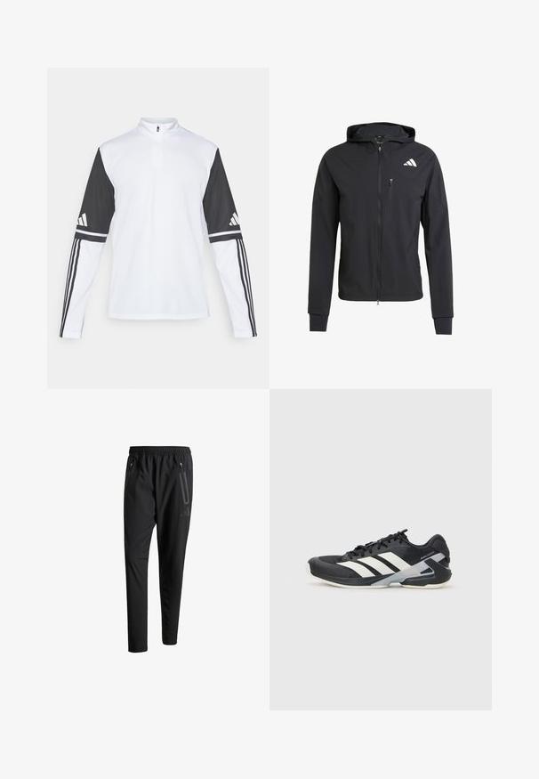 Mustmust mustrip ja pehmeast, kerge kangast. Varustatud lukuga rinna tasku ja logoga detail vasakul ülal.; Pikad varrukad sportlik topp, millel on valge keha ja mustad varrukad, neljandik-zipi kaelus, Adidas'i logo ja kontrastsed triibud varrukatel.; Mustavad spordipüksid elastse vöökoha, kahe tõmblukuga küljetasku, kitsenevate säärete ning õrna logodetailiga puusadel.; Mustad sportlik jalanõud mustade värvidega, valgete triipudega, võrgusilma pealmine osa, ümar varvas ja pehme tallaga. Omab tekstureeritud kontsa ja kindlat paeltesüsteemi.