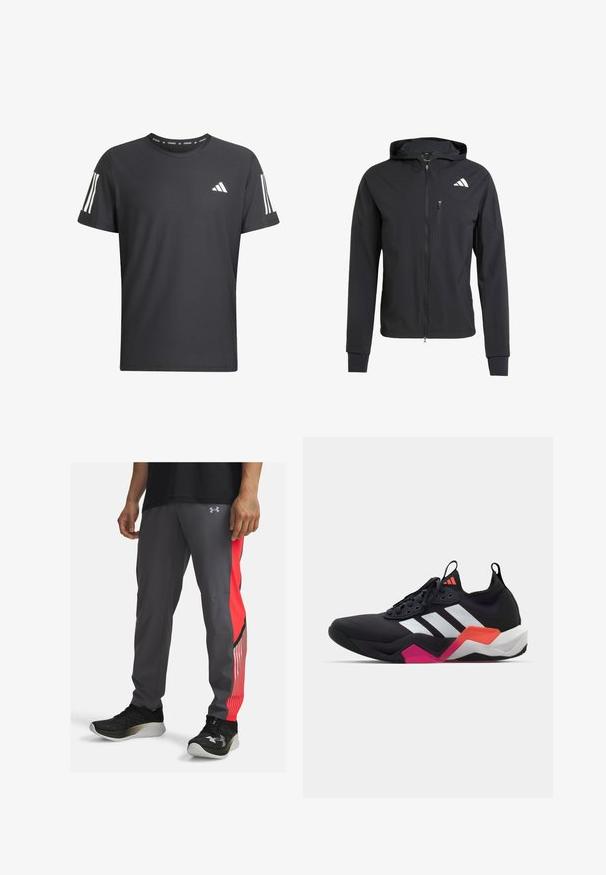 Čierna zipsová bunda s kapucňou vyrobená z mäkkej, ľahkej tkaniny. Má zipsovú náprsné vrecko a logo umiestnené v hornej ľavej časti.; Čierne športové tričko s krátkym rukávom vyrobené z textúrovanej látky. Obsahuje biele tri pásiky na rukávoch a logo Adidas na prednej strane.; Športové nohavice v šedé farbe s červeným bočným panelom a pruhovanými akcentmi. Vyrobené z ľahkého materiálu. Majú logo na boku a vrecká.; Čierne športové topánky s bielymi pruhmi, textúrovaný zvršok a masívna podrážka s oranžovými, ružovými a bielymi detailmi. Šnurovací dizajn s pútkom.