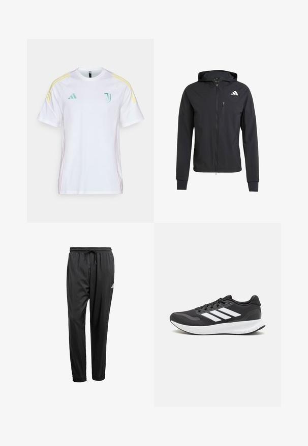 Jachetă neagră cu fermoar, cu glugă, realizată dintr-un material moale și ușor. Prezintă un buzunar pe piept cu fermoar și detalii cu logo în partea stângă sus.; Tricou alb cu mânecă scurtă, cu dungi de accent galben contrastante pe umeri. Prezintă un logo brodat verde pe piept și cusături laterale roz.; Pantaloni de sport negri cu talie elastică, șnur ajustabil, manșete la glezne și un mic logo alb pe coapsa dreaptă.; Pantof cu aspect sport de culoare neagră, cu un upper din plasă respirabilă, accente albe și o talpă amortizată. Include logo-ul cu trei dungi pe lateral.