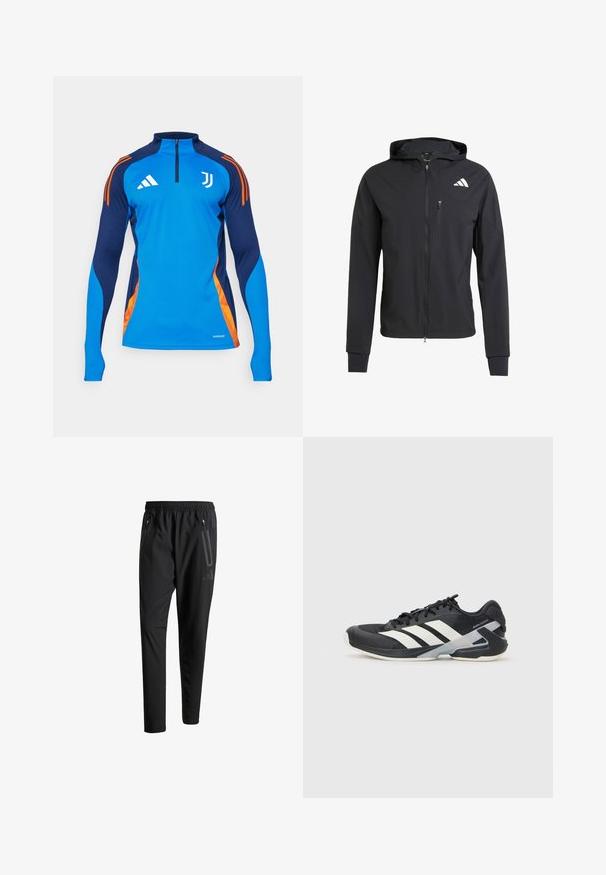Čierna zipsová bunda s kapucňou vyrobená z mäkkej, ľahkej tkaniny. Má zipsovú náprsné vrecko a logo umiestnené v hornej ľavej časti.; Dlhý rukáv športová košeľa v modrej a námorníckej s oranžovými akcentmi, s štvrť-zipsom a textúrovanými bokmi. Obsahuje logá Adidas a Juventus.; Čierne športové nohavice s elastickým pásom, dvoma bočnými zipsovými vreckami, zužujúcimi sa nohavicami a nenápadným detailom loga na bokoch.; Čierna športová obuv s bielymi pruhmi, sieťovinový zvršok, zaoblená špička a polstrovaná podrážka. Obsahuje štruktúrovaný opätok a bezpečný systém šnurovania.