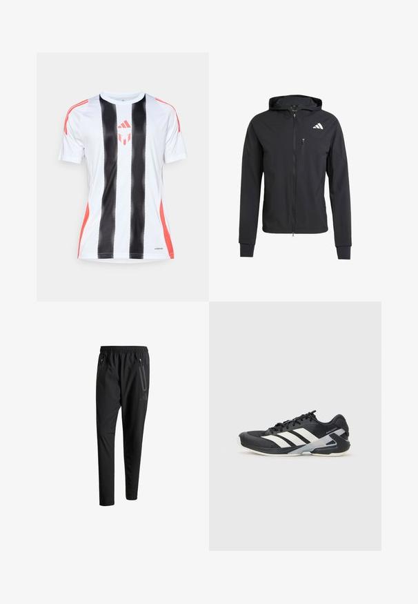 Casaco com capuz preto, com fecho éclair, feito de um tecido suave e leve. Possui um bolso no peito com fecho éclair e detalhe do logo no lado superior esquerdo.; Camisola atlética branca com riscas verticais pretas e detalhes em vermelho nos ombros. Possui tecnologia AeroReady para gestão da humidade.; Calças de treino pretas com uma cintura elástica, dois bolsos laterais com fecho, pernas ajustadas e um discreto detalhe de logotipo no quadril.; Sapata atlética preta com riscas brancas, parte superior em malha, biqueira arredondada e sola acolchoada. Apresenta um calcanhar texturizado e um sistema de atacadores seguro.