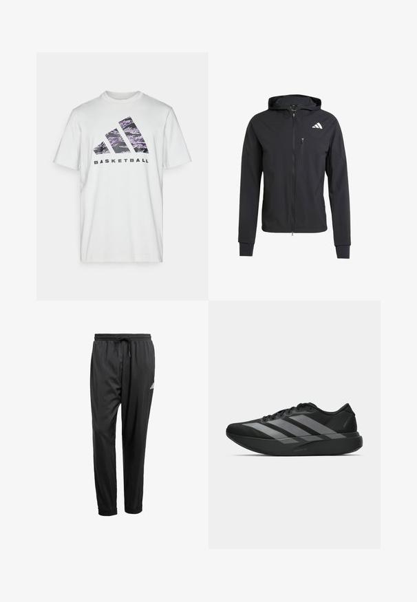 Zwarte ritssluiting capuchonjack van zacht, lichtgewicht materiaal. Heeft een ritszak op de borst en een logo-detail aan de bovenste linkerkant.; Witte katoenen T-shirt met korte mouwen, voorzien van een paarse en zwarte grafische print van drie strepen en het woord "BASKETBAL."; Zwarte sportbroek met elastische tailleband, trekkoord, aangesloten enkels en een klein wit logo op de rechterdij.; Zwarte sportieve schoenen met een lichtgewicht ontwerp, voorzien van drie opvallende grijze strepen, een gladde textuur en een gevormde zool.
