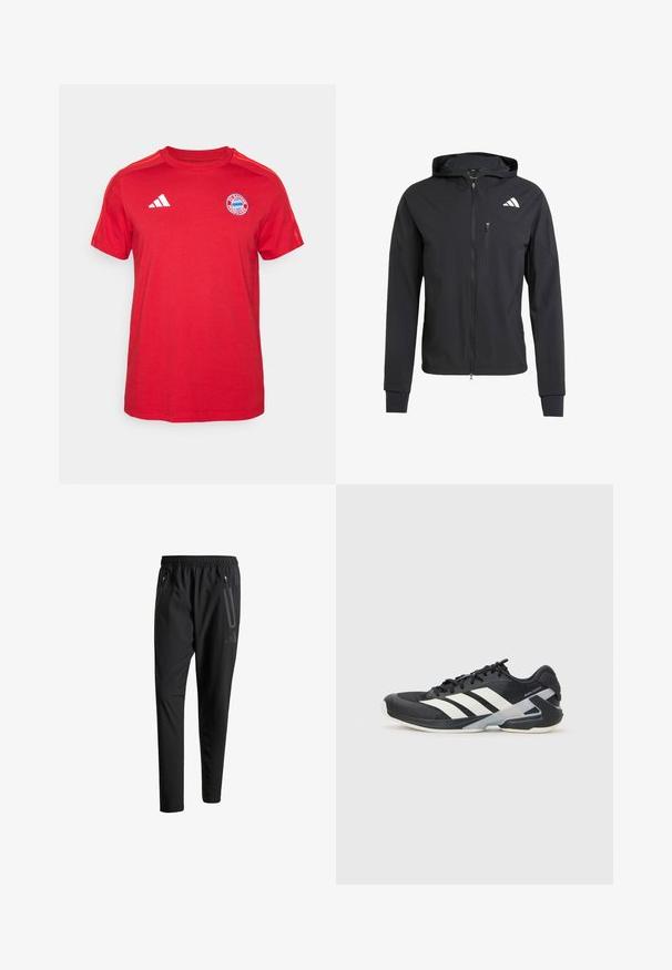 Svart hettejakke med glidelås laget av mykt, lett materiale. Har en glidelåslomme på brystet og logo detaljer øverst til venstre.; Rød bomull t-skjorte med korte ermer, rund hals, hvit adidas-logo og FC Bayern München-merke på brystet.; Svarte treningsbukser med elastisk liv, to glidelåslommer på sidene, avsmalnende ben og en subtil logo detalj ved hoften.; Svart treningssko med hvite striper, mesh-overdel, avrundet tå og polstret såle. Har en teksturert hæl og et sikkert snøresystem.