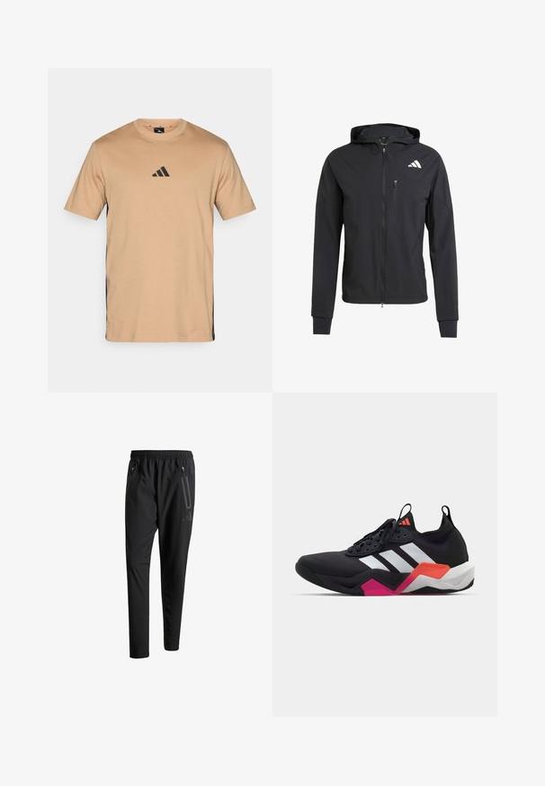 Casaco com capuz preto, com fecho éclair, feito de um tecido suave e leve. Possui um bolso no peito com fecho éclair e detalhe do logo no lado superior esquerdo.; T-shirt de tom claro com decote redondo e mangas curtas. Apresenta um logo da Adidas em preto no peito e detalhes laterais em preto. Feito de algodão.; Calças de treino pretas com uma cintura elástica, dois bolsos laterais com fecho, pernas ajustadas e um discreto detalhe de logotipo no quadril.; Sapatilha atlética preta com riscas brancas, parte superior texturizada e sola robusta com detalhes em laranja, rosa e branco. Design com atacadores e alça de puxar.