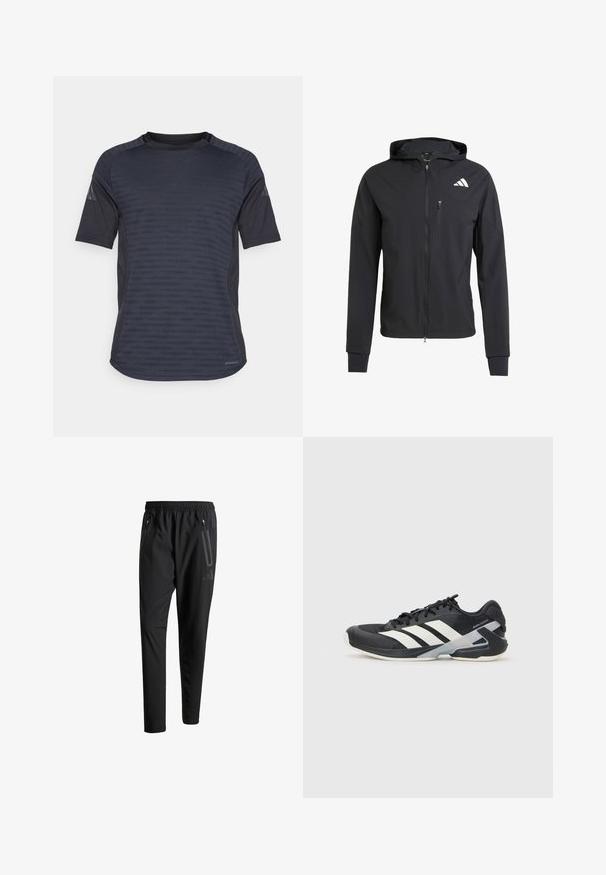 Črna zip-up kapuca iz mehkega, lahkotnega materiala. Ima žep na prsih z zadrgo in detajl logotipa na zgornji levi strani.; Srajca s kratkimi rokavi za šport v temno sivi barvi, z mrežastim vzorcem, tkanino, ki odvaja vlago, in dizajnom z okroglim izrezom.; Črne športne hlače z elastičnim pasom, dvema žepoma na zadrgo ob strani, zoženimi hlačnicami in diskretnim logotipom na boku.; Črne atletske čevlje z belimi črtami, mrežastim zgornjim delom, zaobljenim nosom in blaženim podplatom. Imajo teksturiran petni del in varen sistem vezalk.