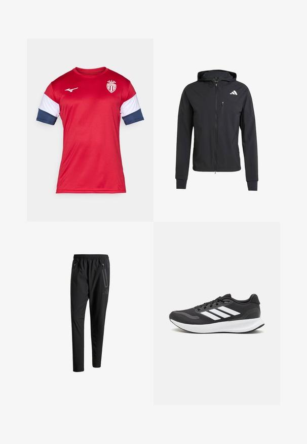 Casaco com capuz preto, com fecho éclair, feito de um tecido suave e leve. Possui um bolso no peito com fecho éclair e detalhe do logo no lado superior esquerdo.; Camisola atlética vermelha com mangas curtas, apresentando detalhes em branco e azul marinho. Símbolo no peito, textura suave, fabricada em material sintético.; Calças de treino pretas com uma cintura elástica, dois bolsos laterais com fecho, pernas ajustadas e um discreto detalhe de logotipo no quadril.; Shoe de atletismo preto com parte superior em malha respirável, detalhes brancos e sola almofadada. Apresenta o logotipo das três riscas na lateral.