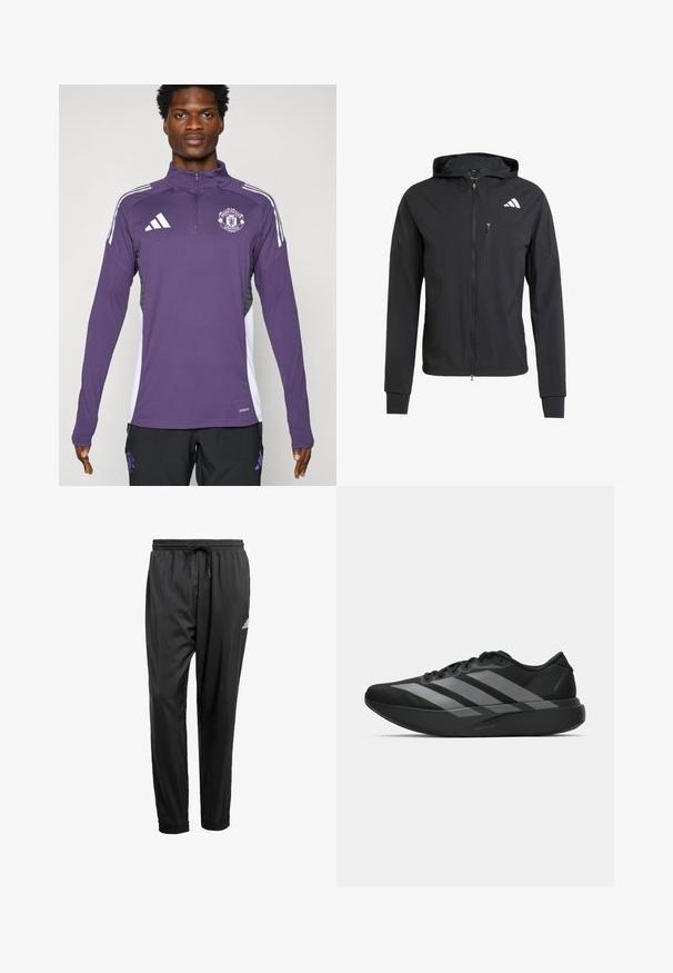 Crna zip-jakna s kapuljačom izrađena od mekog, laganog materijala. Ima ziper džep na grudima i detalj s logotipom na gornjoj lijevoj strani.; Ljubičasta atletska jakna s zip ovratnikom, s bijelim prugama na ramenima i logotipom Manchester Uniteda. Izrađena od glatkog, laganog materijala.; Crne atletske hlače s elastičnim pojasom, vezicom, manžetama na gležnjevima i malim bijelim logom na desnom bedru.; Crne atletske tenisice s laganim dizajnom, koje imaju tri istaknute sive pruge, glatku teksturu i oblikovanu pogodnu potplat.