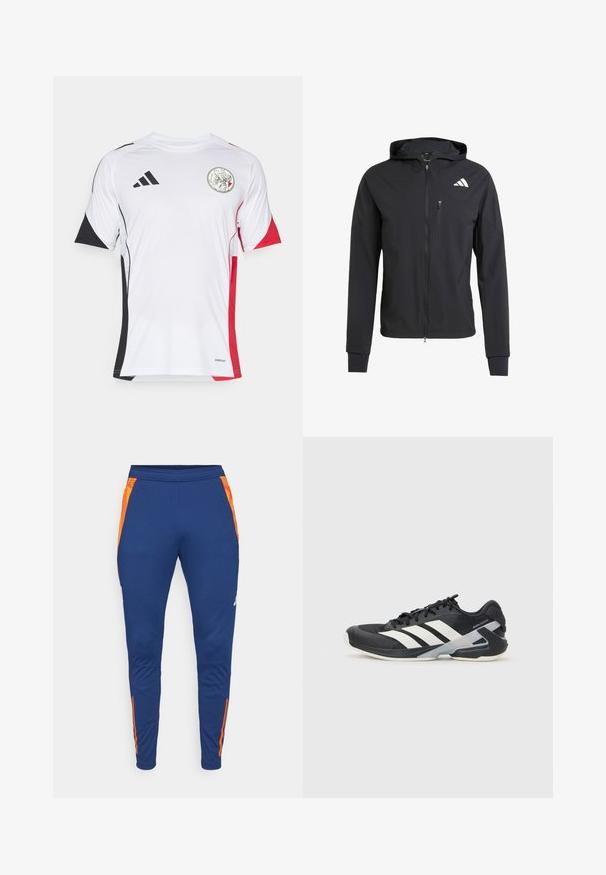 Sort zip-up hættetrøje lavet af blødt, letvægtsstof. Har en lynlåslomme på brystet og logo-detalje på øverste venstre side.; Hvid atletisk trøje med sorte og røde accenter, korte ærmer og rund krave. Inkluderer et logo på fronten. Lavet af åndbart materiale.; Mørkeblå atletiske bukser med orange sideaccentuer, tætsiddende pasform, elastisk talje og glat tekstur. Indeholder subtil branding på benet.; Sort sportsko med hvide striber, mesh-overdel, rund tå og dæmpet sål. Har en tekstureret hæl og et sikkert snøresystem.