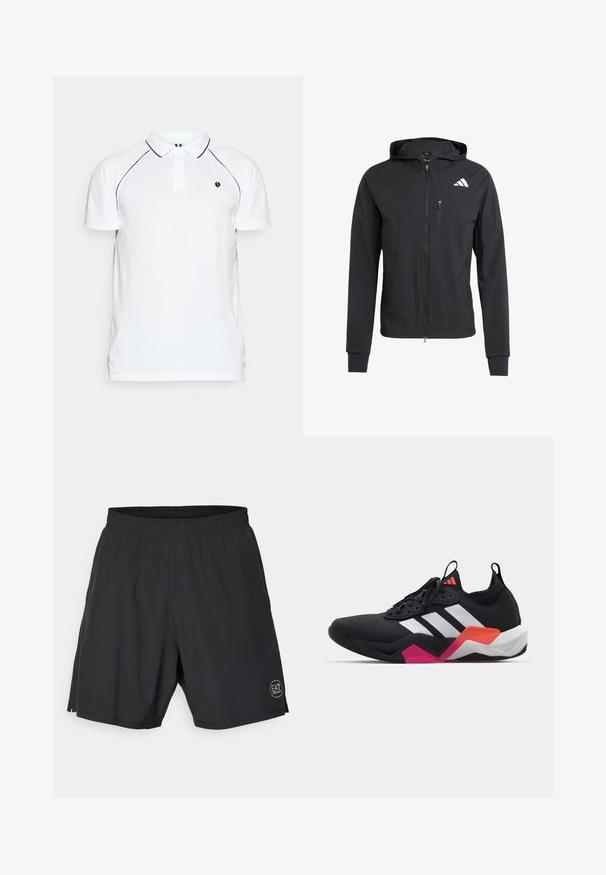 Fekete zipzáras kapucnis dzseki puha, könnyű anyagból. Zsebes mellzsebbel és logó részlettel a bal felső oldalon.; Fehér póló fekete kiegészítőkkel, rövid ujjú, galléros nyakkal, és egy kis logóval a mellkason. Texturált anyagból készült.; Fekete sportnadrág könnyű anyagból, rugalmas derékpánttal és arany színű kör alakú logóval a jobb alsó oldalon.; Fekete sportcipő fehér csíkokkal, texturált felső résszel és tömzsi talppal, narancssárga, rózsaszín és fehér díszítéssel. Fűzős kivitel, húzófüllel.