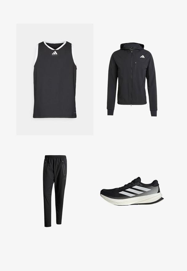 Crna zip-jakna s kapuljačom izrađena od mekog, laganog materijala. Ima ziper džep na grudima i detalj s logotipom na gornjoj lijevoj strani.; Crni košarkaški dres bez rukava s bijelim detaljima, dizajn u obliku slova V, sa logotipom Adidasa centriranim na prsima. Glatka tekstura.; Crne atletske hlače s elastičnim pojasom, dva bočna džepa sa zatvaračem, suženi nogavici i diskretnim logotipom na kuku.; Crna atletska cipela s mrežastim dizajnom, koja ima bijele pruge, zaobljeni vrh i teksturiranu potplate za prianjanje i potporu.