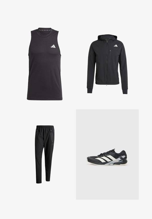 Mustmust mustrip ja pehmeast, kerge kangast. Varustatud lukuga rinna tasku ja logoga detail vasakul ülal.; Must mustriga sportlik tipp, mis on valmistatud siledast kangast, kahepaikne ümar kaelus ja valge logo vasakul rindkere piirkonnas.; Mustavad spordipüksid elastse vöökoha, kahe tõmblukuga küljetasku, kitsenevate säärete ning õrna logodetailiga puusadel.; Mustad sportlik jalanõud mustade värvidega, valgete triipudega, võrgusilma pealmine osa, ümar varvas ja pehme tallaga. Omab tekstureeritud kontsa ja kindlat paeltesüsteemi.