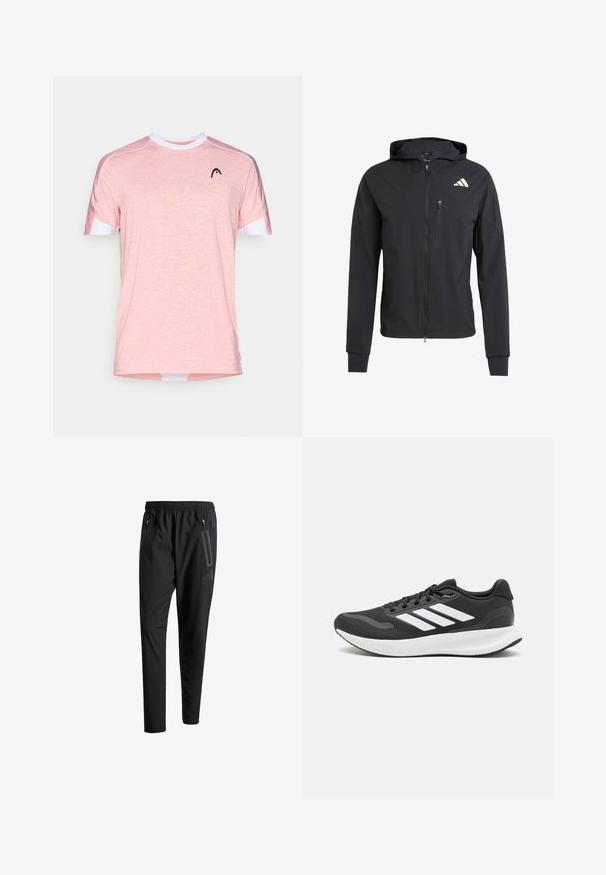 Zwarte ritssluiting capuchonjack van zacht, lichtgewicht materiaal. Heeft een ritszak op de borst en een logo-detail aan de bovenste linkerkant.; Lichtroze T-shirt met korte mouwen gemaakt van een gestructureerde stof. Heeft een witte ronde hals en een zwart logo op de borst.; Zwarte sportbroeken met een elastische tailleband, twee ritszakken aan de zijkant, taps toelopende pijpen en een subtiele logo-detail op de heup.; Zwart sportief schoen met ademend mesh bovenwerk, witte accenten en een gevoerde zool. Beschikt over een logo met drie strepen aan de zijkant.