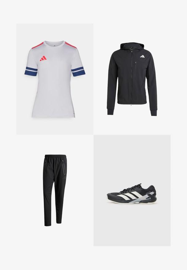 Svart hettejakke med glidelås laget av mykt, lett materiale. Har en glidelåslomme på brystet og logo detaljer øverst til venstre.; Kortermet hvit sportsshirt med røde og marineblå detaljer. Har Adidas-logo, stripete marineblå ermer og design med rund hals.; Svarte treningsbukser med elastisk liv, to glidelåslommer på sidene, avsmalnende ben og en subtil logo detalj ved hoften.; Svart treningssko med hvite striper, mesh-overdel, avrundet tå og polstret såle. Har en teksturert hæl og et sikkert snøresystem.