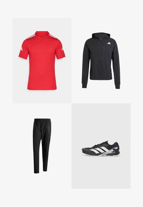 Zwarte ritssluiting capuchonjack van zacht, lichtgewicht materiaal. Heeft een ritszak op de borst en een logo-detail aan de bovenste linkerkant.; Rode polo-shirt gemaakt van ademende stof, met een tweeknoopsluiting, korte mouwen met witte strepen en een logodetail op de mouw.; Zwarte sportbroeken met een elastische tailleband, twee ritszakken aan de zijkant, taps toelopende pijpen en een subtiele logo-detail op de heup.; Zwarte sportschoen met witte strepen, bovenwerk van mesh, ronde neus en geveerde zool. Heeft een getextureerde hak en een veilig vetersysteem.