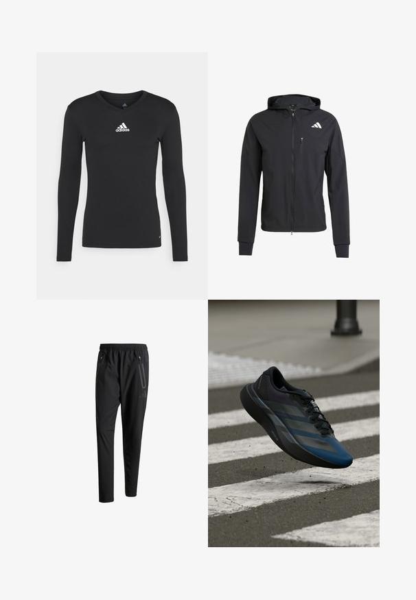 Černá zipová mikina s kapucí vyrobená z měkké, lehké látky. Obsahuje zipovou kapsu na prsou a detail loga na horní levé straně.; Černé dlouhé rukávy sportovní tričko vyrobené z hladkého materiálu, s výstřihem do V a bílým logem adidas na prsou.; Černé sportovní kalhoty s elastickým pasem, dvěma zipovými bočními kapsami, zúženými nohavicemi a decentním logem na boku.; Černá a modrá sportovní obuv s aerodynamickým designem, s texturovaným svrškem, kontrastními pruhy a polstrovanou podešví, visící nad chodníkem.