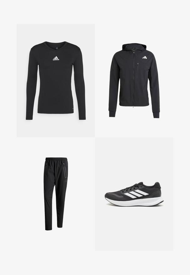 Casaco com capuz preto, com fecho éclair, feito de um tecido suave e leve. Possui um bolso no peito com fecho éclair e detalhe do logo no lado superior esquerdo.; Camisola atlética preta de manga longa, feita de um tecido suave, com decote em V e um logo branco da adidas no peito.; Calças de treino pretas com uma cintura elástica, dois bolsos laterais com fecho, pernas ajustadas e um discreto detalhe de logotipo no quadril.; Shoe de atletismo preto com parte superior em malha respirável, detalhes brancos e sola almofadada. Apresenta o logotipo das três riscas na lateral.